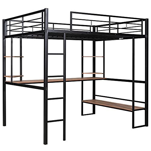 SOFTSEA Full Metal Loft Bed with Desk and Bookcase,Kid’s Industrial Style Loft Bed Full Size for Dorm Bedroom(Full,Black)