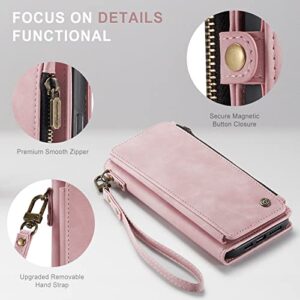 Defencase for iPhone 13 Pro Max Phone Case, iPhone 13 Pro Max Case Wallet for Women, Durable PU Leather Magnetic Flip Lanyard Strap Wristlet Zipper Card Holder, Rose Pink