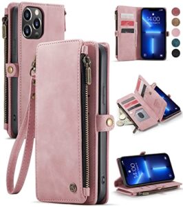 defencase for iphone 13 pro max phone case, iphone 13 pro max case wallet for women, durable pu leather magnetic flip lanyard strap wristlet zipper card holder, rose pink