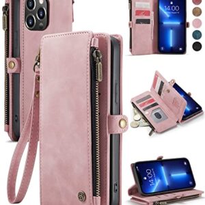 Defencase for iPhone 13 Pro Max Phone Case, iPhone 13 Pro Max Case Wallet for Women, Durable PU Leather Magnetic Flip Lanyard Strap Wristlet Zipper Card Holder, Rose Pink