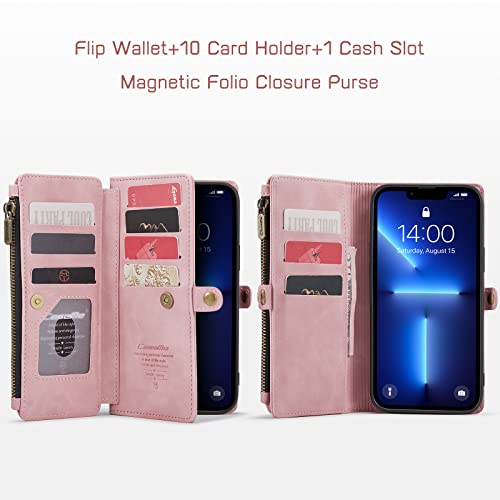 Defencase for iPhone 13 Pro Max Phone Case, iPhone 13 Pro Max Case Wallet for Women, Durable PU Leather Magnetic Flip Lanyard Strap Wristlet Zipper Card Holder, Rose Pink