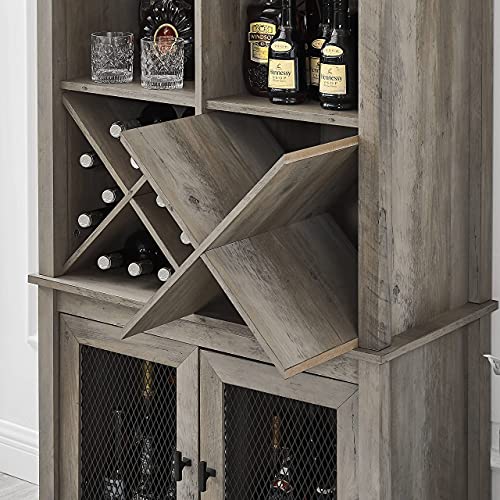 Home Source Bar Cabinet Bookshelf with Wire Mesh Doors in Stone Grey