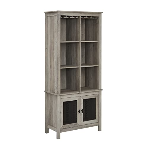 Home Source Bar Cabinet Bookshelf with Wire Mesh Doors in Stone Grey