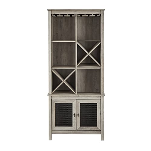 Home Source Bar Cabinet Bookshelf with Wire Mesh Doors in Stone Grey