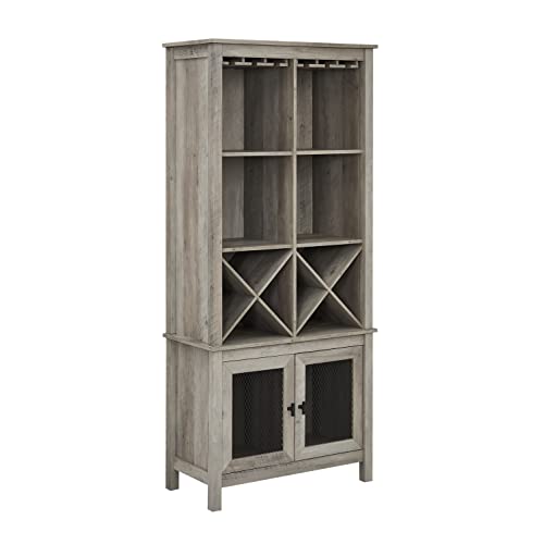 Home Source Bar Cabinet Bookshelf with Wire Mesh Doors in Stone Grey