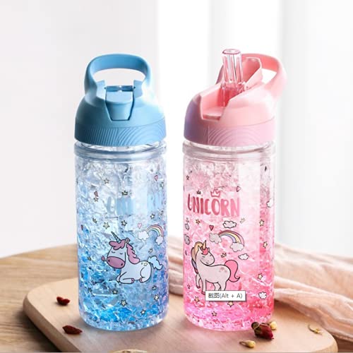 ANNAKIKI Unicorn Water Bottles for Girls, Cute Girls Water Bottles for School, Girls Unicorn Water Bottle with Straw and Safety lock, 400ML/13.5oz Kids Water Bottles for School Kids Girls, Pink