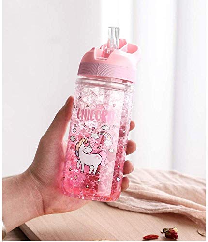 ANNAKIKI Unicorn Water Bottles for Girls, Cute Girls Water Bottles for School, Girls Unicorn Water Bottle with Straw and Safety lock, 400ML/13.5oz Kids Water Bottles for School Kids Girls, Pink