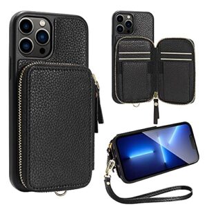 zve iphone 13 promax wallet case with card holder, zipper rfid blocking phone case with wrist strap, leather handbag case for women case for iphone 13 pro max 6.7"(2021)- black