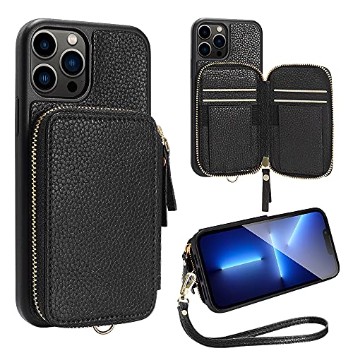 ZVE iPhone 13 ProMax Wallet Case with Card Holder, Zipper RFID Blocking Phone Case with Wrist Strap, Leather Handbag Case for Women Case for iPhone 13 Pro Max 6.7"(2021)- Black