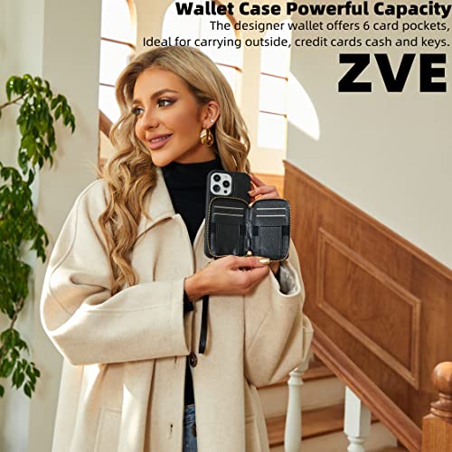 ZVE iPhone 13 ProMax Wallet Case with Card Holder, Zipper RFID Blocking Phone Case with Wrist Strap, Leather Handbag Case for Women Case for iPhone 13 Pro Max 6.7"(2021)- Black