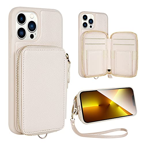 ZVE iPhone 13 ProMax Wallet Case with Wrist Strap, Zipper Phone Case with RFID Blocking Card Holder Leather Case Cover Women iPhone Accessories for iPhone 13 Pro Max 6.7"- Beige