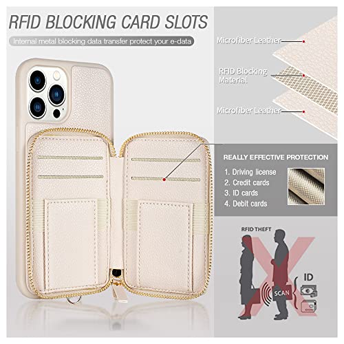 ZVE iPhone 13 ProMax Wallet Case with Wrist Strap, Zipper Phone Case with RFID Blocking Card Holder Leather Case Cover Women iPhone Accessories for iPhone 13 Pro Max 6.7"- Beige