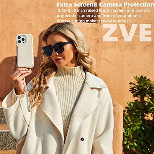 ZVE iPhone 13 ProMax Wallet Case with Wrist Strap, Zipper Phone Case with RFID Blocking Card Holder Leather Case Cover Women iPhone Accessories for iPhone 13 Pro Max 6.7"- Beige