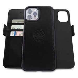 dreem fibonacci 2-in-1 wallet case for apple iphone 13 pro - luxury vegan leather, magnetic detachable shockproof phone case, rfid card protection, magsafe compatible - black