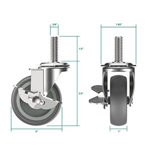 HOLKIE Caster Wheels 3 inch Locking Stem Casters -16 x 1-1/2" (Stem Diameter 3/8", Stem Length 1-1/2") Threaded Swivel Casters Set of 4 Heavy Duty Castors Gray