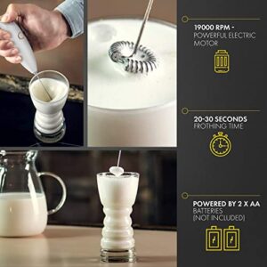 Milk Frother White - Coffee Frother Handheld with Electric Whisk - 19000 rpm - Book Recipes and Stainless Steel Stand Included - Hand Mixer Electric (White and Gold)