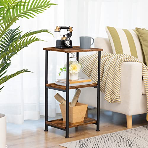 HOOBRO Side Table, Height-Adjustable Nightstand with Storage Shelves, 3-Tier Tall Industrial End Table, Coffee Table, for Living Room, Bedroom, Study, Solid Structure, Rustic Brown BF65BZ01