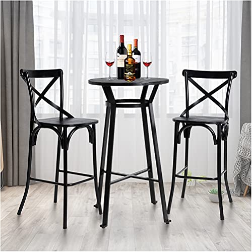 glitzhome 3 Pieces Black Steel Round Bar Table and Bar Stools with High Backest Set Dining Table and Chairs Set