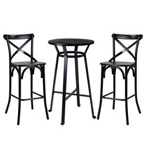 glitzhome 3 Pieces Black Steel Round Bar Table and Bar Stools with High Backest Set Dining Table and Chairs Set