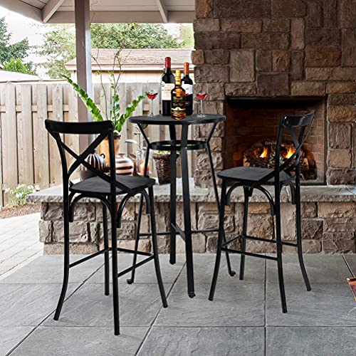 glitzhome 3 Pieces Black Steel Round Bar Table and Bar Stools with High Backest Set Dining Table and Chairs Set