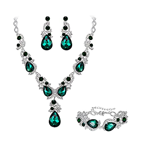 BriLove Wedding Bridal Jewelry for Women Multi Teardrop Cluster Crystal Statement Necklace Dangle Earrings Link Bracelet Set Emerald Color Silver-Tone