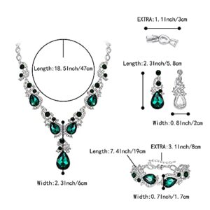 BriLove Wedding Bridal Jewelry for Women Multi Teardrop Cluster Crystal Statement Necklace Dangle Earrings Link Bracelet Set Emerald Color Silver-Tone