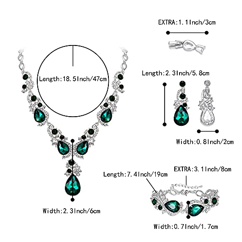 BriLove Wedding Bridal Jewelry for Women Multi Teardrop Cluster Crystal Statement Necklace Dangle Earrings Link Bracelet Set Emerald Color Silver-Tone