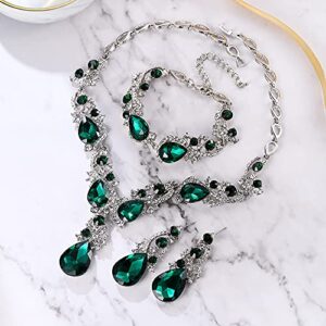 BriLove Wedding Bridal Jewelry for Women Multi Teardrop Cluster Crystal Statement Necklace Dangle Earrings Link Bracelet Set Emerald Color Silver-Tone