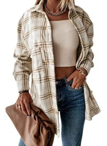 prettygarden women's 2023 fall clothes plaid shacket jacket long sleeve button down flannel shirts fashion blouse(plaid khaki,large)