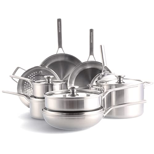 Merten & Storck Tri-Ply Stainless Steel 14 Piece Cookware Pots & Pans Set,Professional Cooking,Multi Clad,Measurement Markings,Drip-Free Pouring Edges,Durable Glass Lids,Induction,Oven&Dishwasher Safe