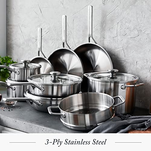 Merten & Storck Tri-Ply Stainless Steel 14 Piece Cookware Pots & Pans Set,Professional Cooking,Multi Clad,Measurement Markings,Drip-Free Pouring Edges,Durable Glass Lids,Induction,Oven&Dishwasher Safe