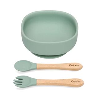 Ginbear Suction Bowls for Baby, Baby Led Weaning Spoon and Fork, Baby Dishes and Utensils Set for Toddlers, Silicone Baby Feeding Set 6-12 Months (Hazy Green)