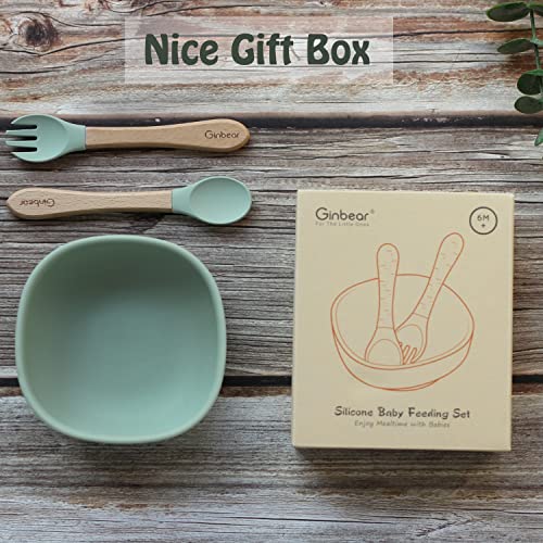 Ginbear Suction Bowls for Baby, Baby Led Weaning Spoon and Fork, Baby Dishes and Utensils Set for Toddlers, Silicone Baby Feeding Set 6-12 Months (Hazy Green)