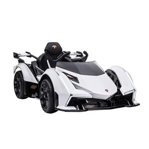 aosom 12v electric ride-on car, licensed lamborghini v12 vision gran turismo battery-powered ride-on toy with remote control, bluetooth, music, led lights, for 3-6 year old boys and girls, white