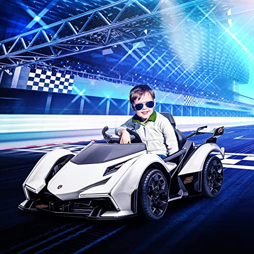 Aosom 12V Electric Ride-on Car, Licensed Lamborghini V12 Vision Gran Turismo Battery-Powered Ride-on Toy with Remote Control, Bluetooth, Music, LED Lights, for 3-6 Year Old Boys and Girls, White