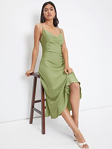 Floerns Women's Spaghetti Strap Cowl Neck Long Slip Satin Silk Midi Dress Green S