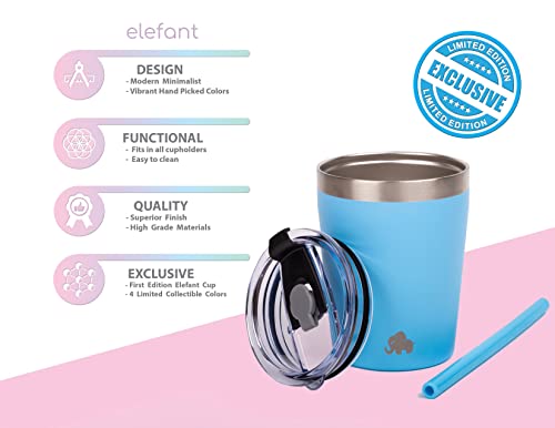 ELEFANT Kids & Toddler Cups (SET of 2), Stackable Stainless Steel Insulated Tumblers with BPA FREE Leak Proof Lids and Reusable Silicone Straws, Elegant, Powder Coated (PINK + PURPLE)