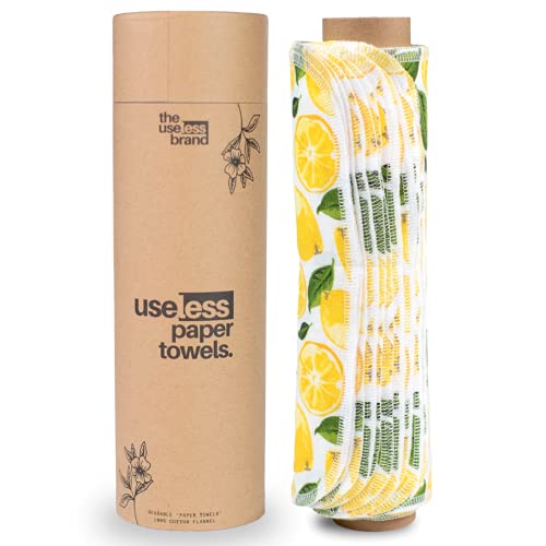 The Useless Brand Reusable Paper Towels Roll | Washable Cotton Flannel Towels w/Cardboard Roll | Fits on All Holders (Lemons, 12 Towels)