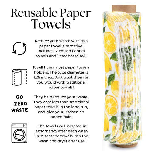 The Useless Brand Reusable Paper Towels Roll | Washable Cotton Flannel Towels w/Cardboard Roll | Fits on All Holders (Lemons, 12 Towels)