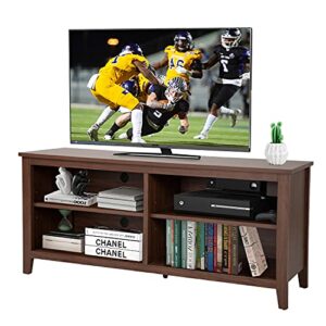 58'' wood tv stand tv stand fits 32-65 inch flat screen tv cabinet with 4-shelf storage rolling entertainment center for media console living room bedroom (brown)