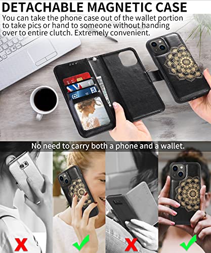 CASEOWL Compatible for iPhone 13 Wallet Case Magnetic Detachable-2 in 1 Mandala Embossed Flip Leather Wallet Case for Women Girls [RFID Blocking]with Card Holder, Hand Strap for iPhone 13 2021(Black)