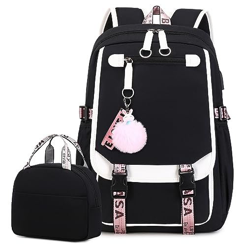 Bevalsa School Backpack for Girls, Girls Backpack with Lunch Box, Bookbag for Girls Kids Elementary Middle School College Student 21L Casual Daypack Children Schoolbag with USB Charging Port (White)