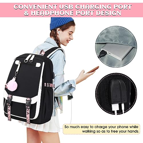 Bevalsa School Backpack for Girls, Girls Backpack with Lunch Box, Bookbag for Girls Kids Elementary Middle School College Student 21L Casual Daypack Children Schoolbag with USB Charging Port (White)