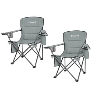 kingcamp oversized folding camping chair for adults portable outdoor lawn heavy duty with cooler, cup holder, side pocket,carry bag, 2 pack, grey