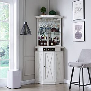 home source white corner bar cart 73" tall unit with built-in wine rack and lower storage cabinet, living room, home office, kitchen, small space.