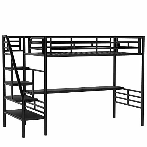 Metal Loft Bed with Desk, Twin Loft Bed with Stairs, Heavy Duty Metal Loft Bed Frame for Bedroom, Dorm Room or Guestroom, No Box Spring Needed (Twin Size, Black)