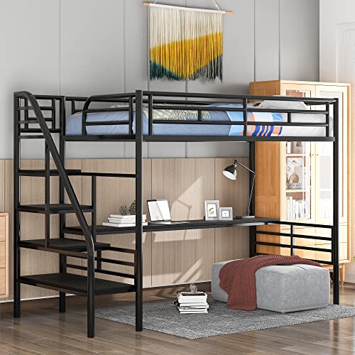 Metal Loft Bed with Desk, Twin Loft Bed with Stairs, Heavy Duty Metal Loft Bed Frame for Bedroom, Dorm Room or Guestroom, No Box Spring Needed (Twin Size, Black)