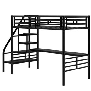 Metal Loft Bed with Desk, Twin Loft Bed with Stairs, Heavy Duty Metal Loft Bed Frame for Bedroom, Dorm Room or Guestroom, No Box Spring Needed (Twin Size, Black)