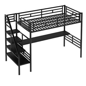 Metal Loft Bed with Desk, Twin Loft Bed with Stairs, Heavy Duty Metal Loft Bed Frame for Bedroom, Dorm Room or Guestroom, No Box Spring Needed (Twin Size, Black)