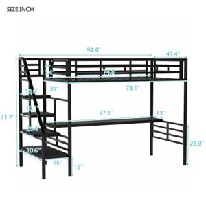 Metal Loft Bed with Desk, Twin Loft Bed with Stairs, Heavy Duty Metal Loft Bed Frame for Bedroom, Dorm Room or Guestroom, No Box Spring Needed (Twin Size, Black)